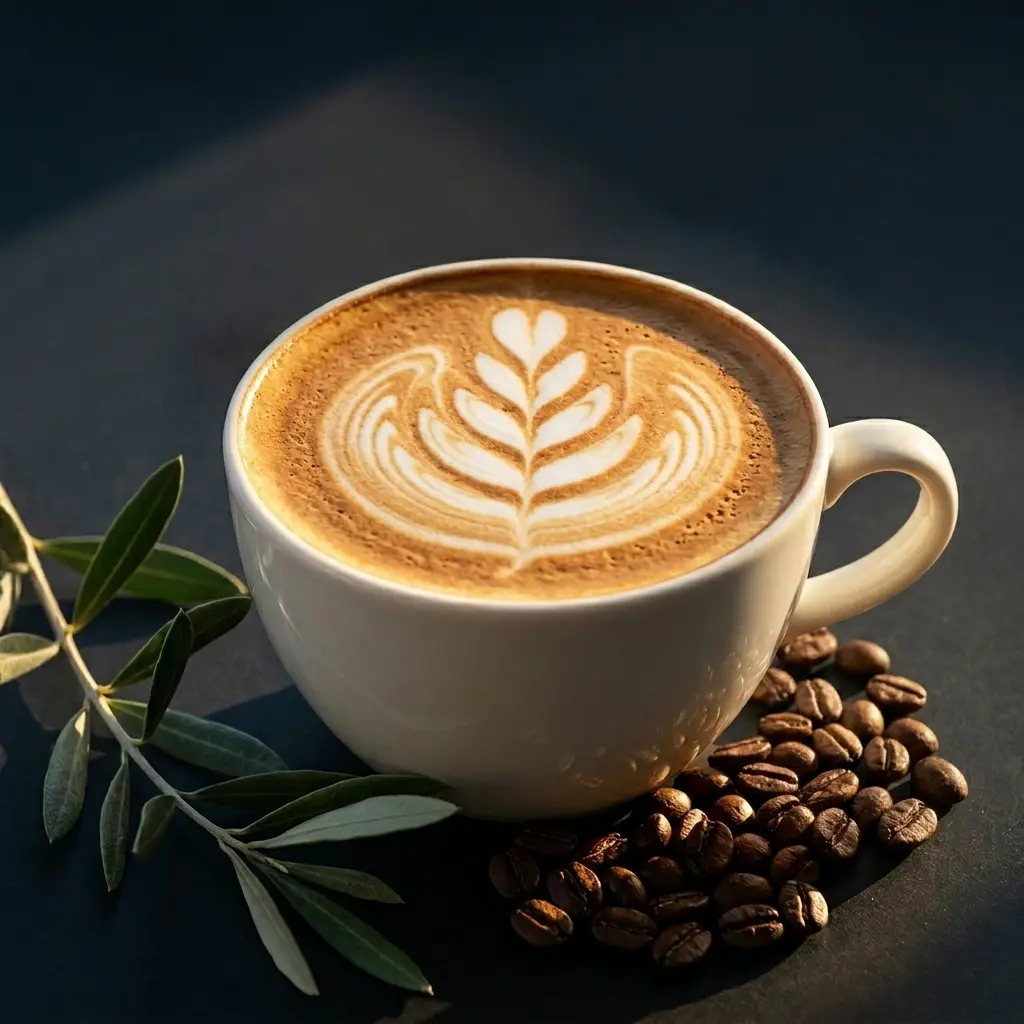 White ceramic cup of latte with a leafy latte art design, surrounded by roasted coffee beans and olive leaves on a dark surface.