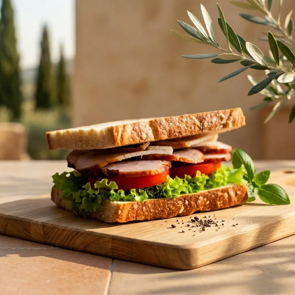 Sandwich stacked with lettuce, tomato, and sliced meat on rustic whole-grain bread on a wooden board outdoors.