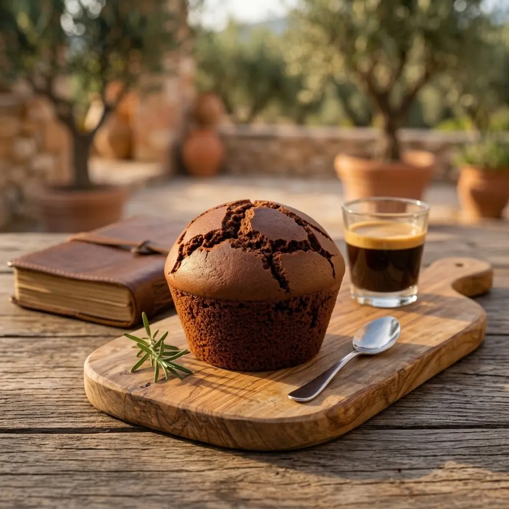 Chocolate muffin on a wooden board with a glass of espresso, a sprig of rosemary, and a spoon in an outdoor patio setting.